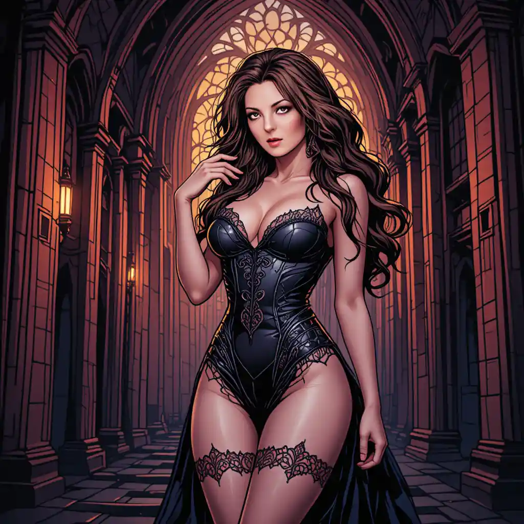 Gothic princess in lingerie posing inside a grand cathedral