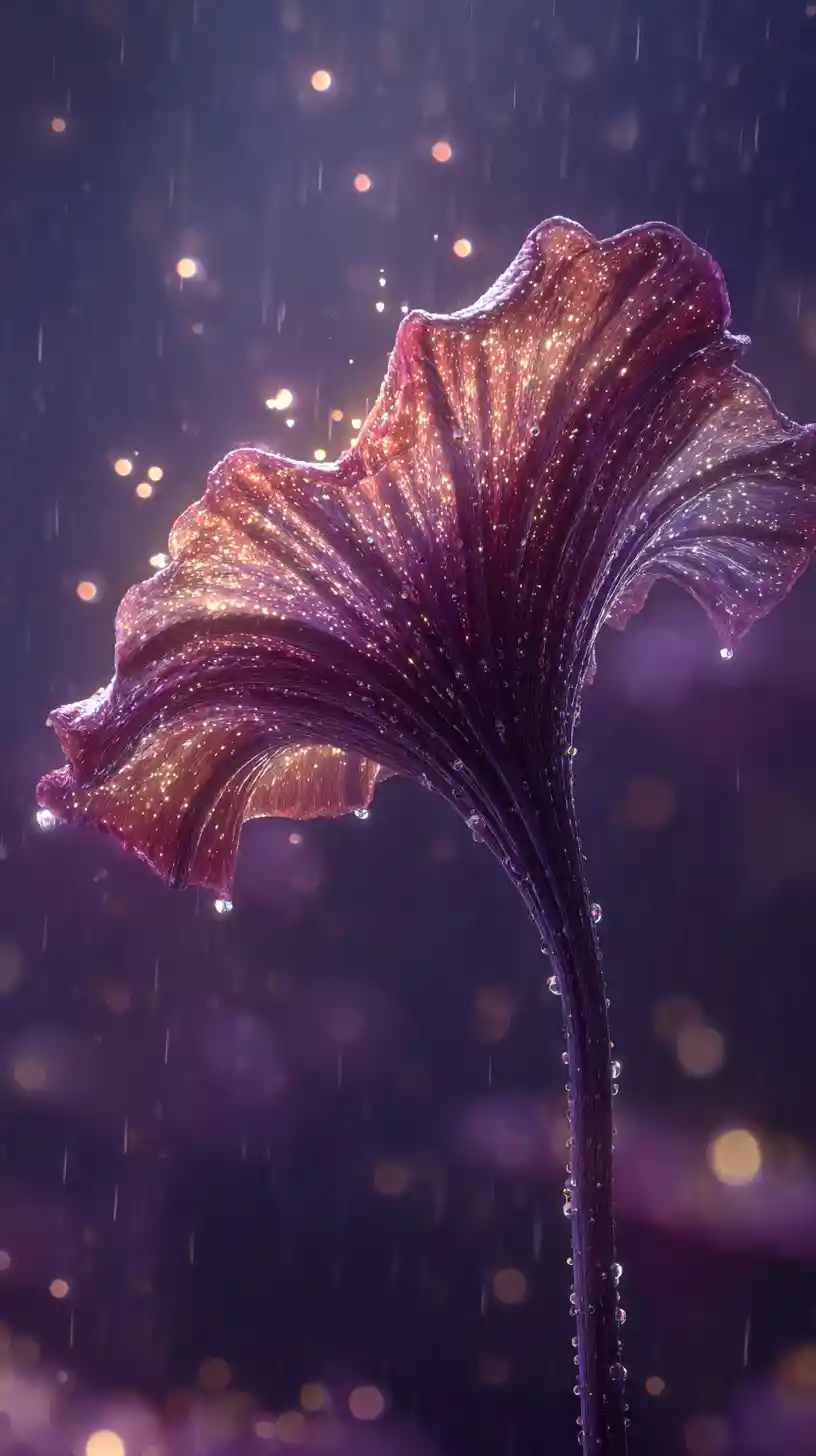 Close up of gigantic flower petals with glowing droplets