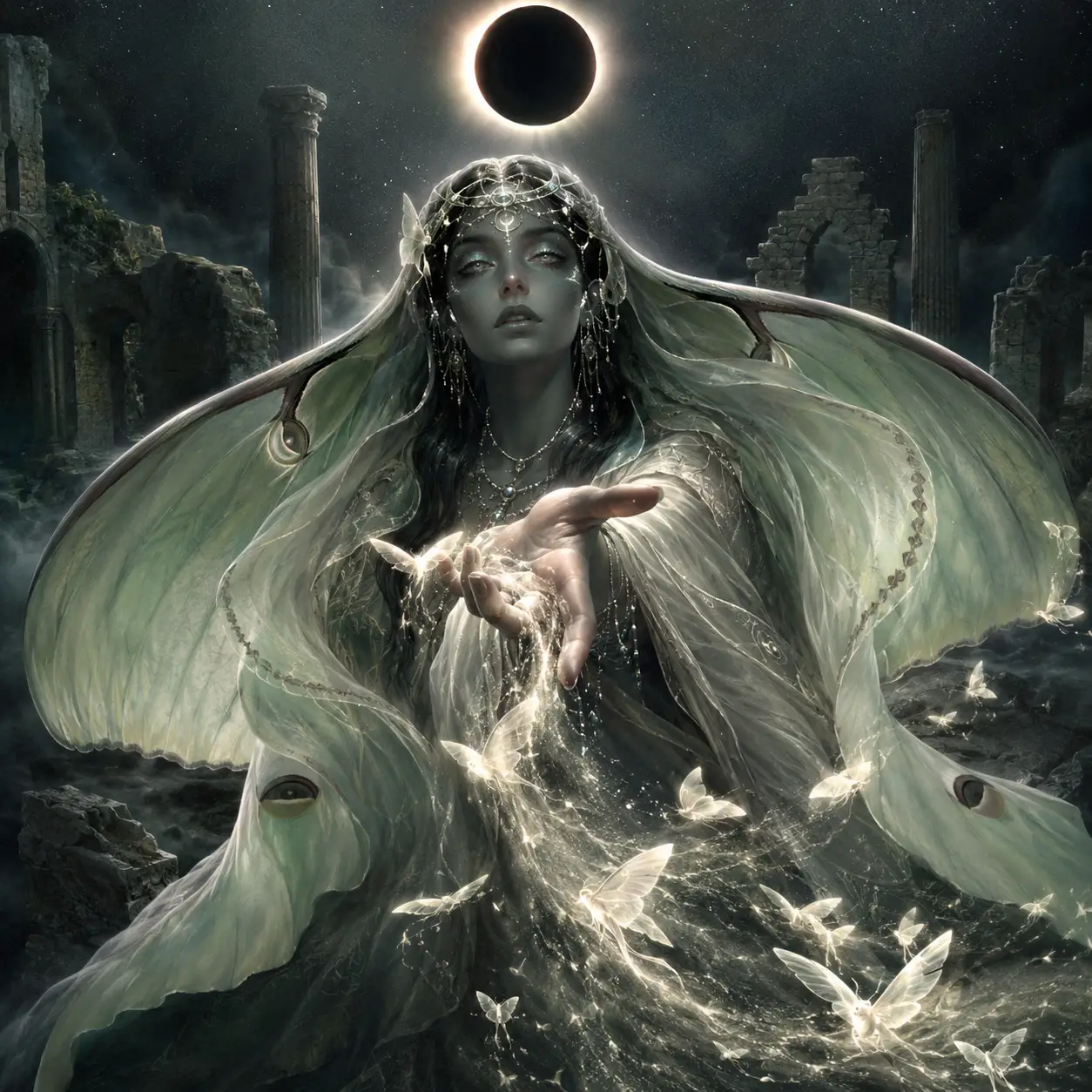 Oracle Wrapped In Luminous Moth Wings Before Ancient Ruins