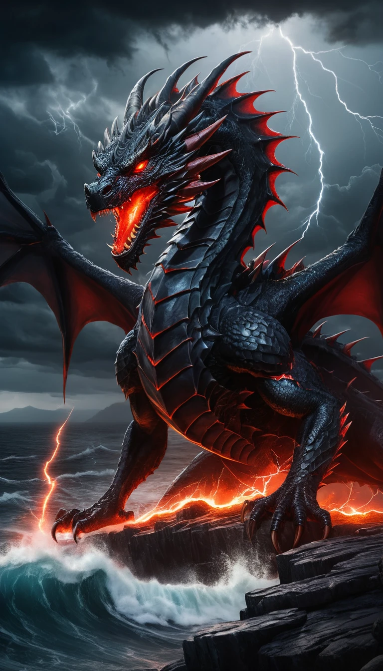 Black dragon on stormy cliff above crashing ocean