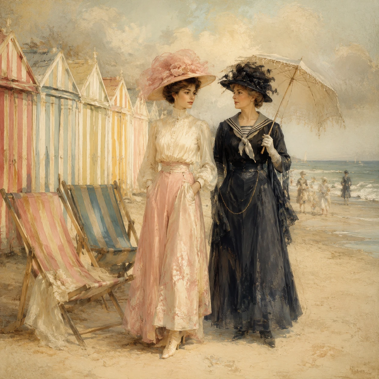 Young woman in vintage beachwear on a calm seaside