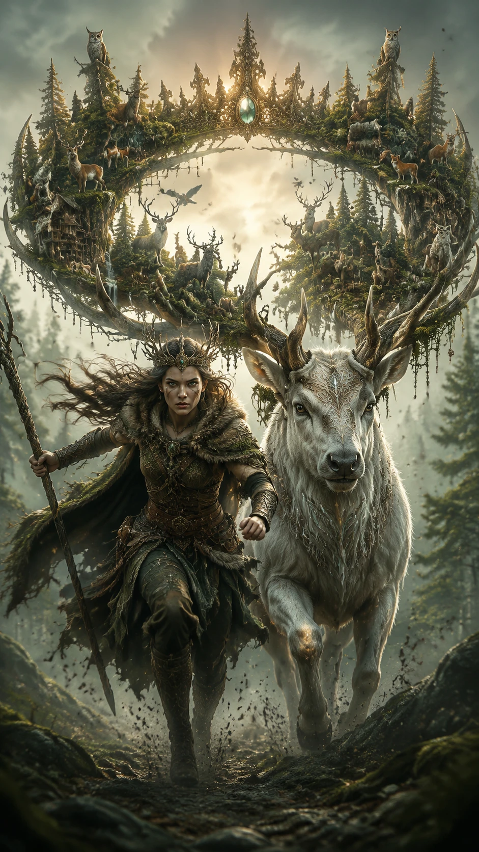 Guardian running beside an ancient white stag with forest antlers