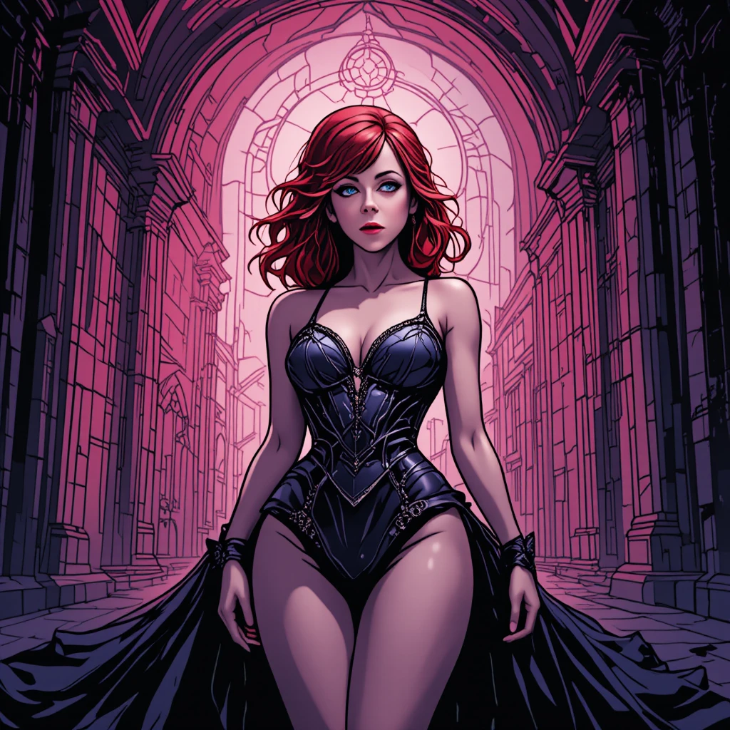 Gothic princess posing in lingerie inside a grand cathedral