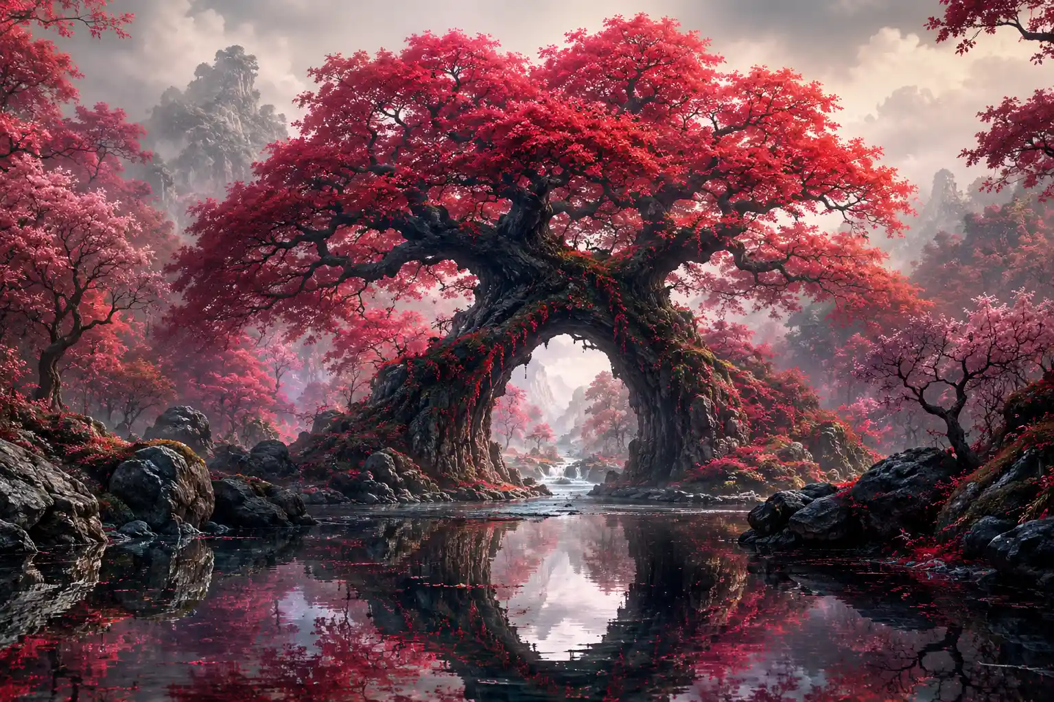 Majestic crimson tree reflected in tranquil fantasy water