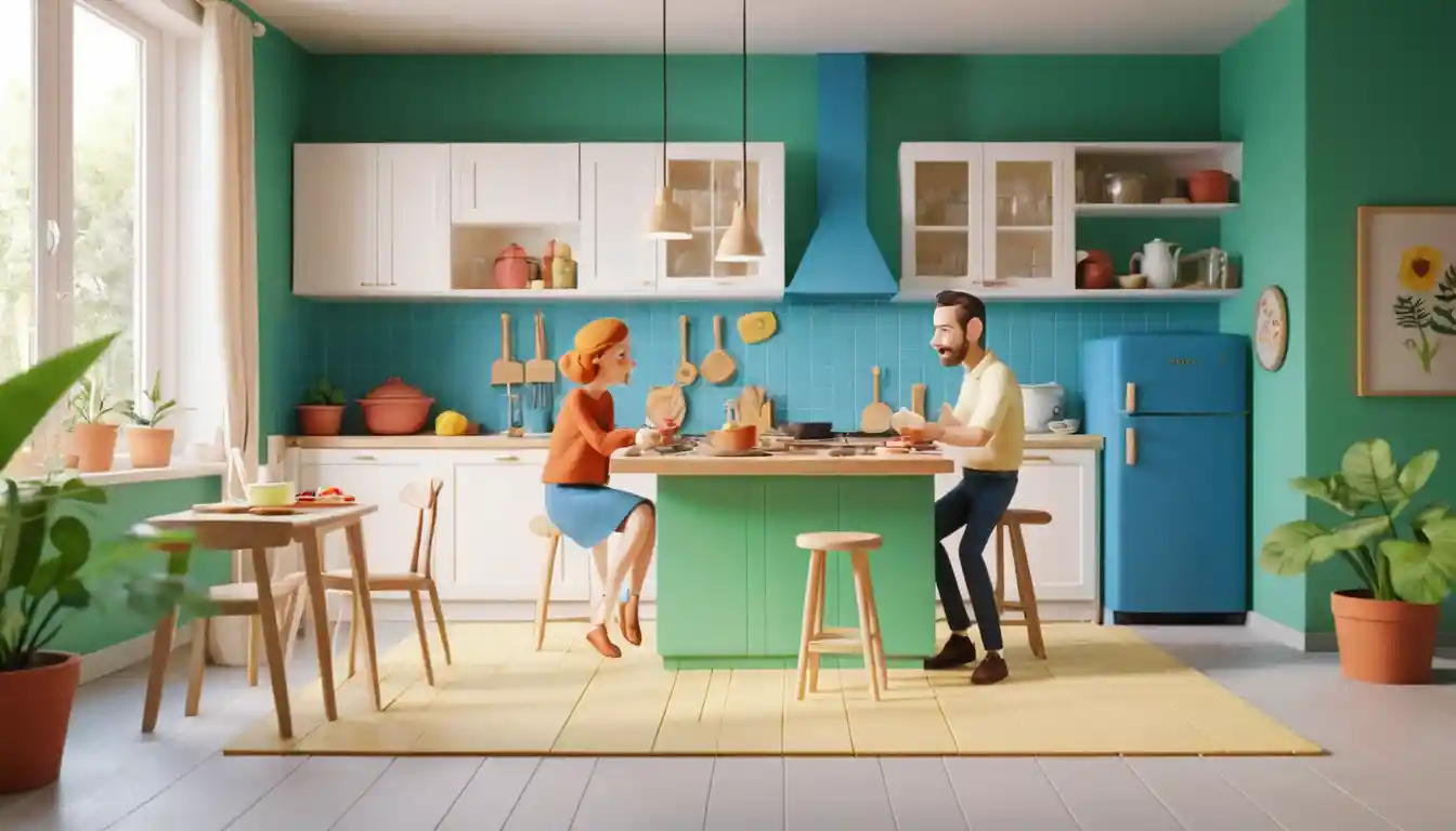 Playful claymation French couple in a minimalist kitchen