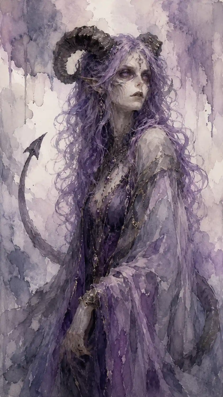 Gaunt horned woman in violet robes staring into distance