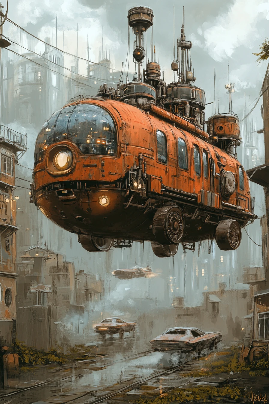 Retrofuturistic flying machines and floating dwellings in the sky