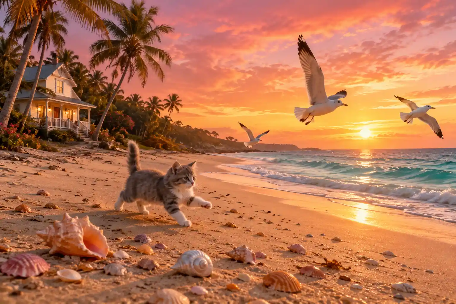 Verspieltes Kätzchen läuft an einem ruhigen Strand bei Sonnenuntergang entlang