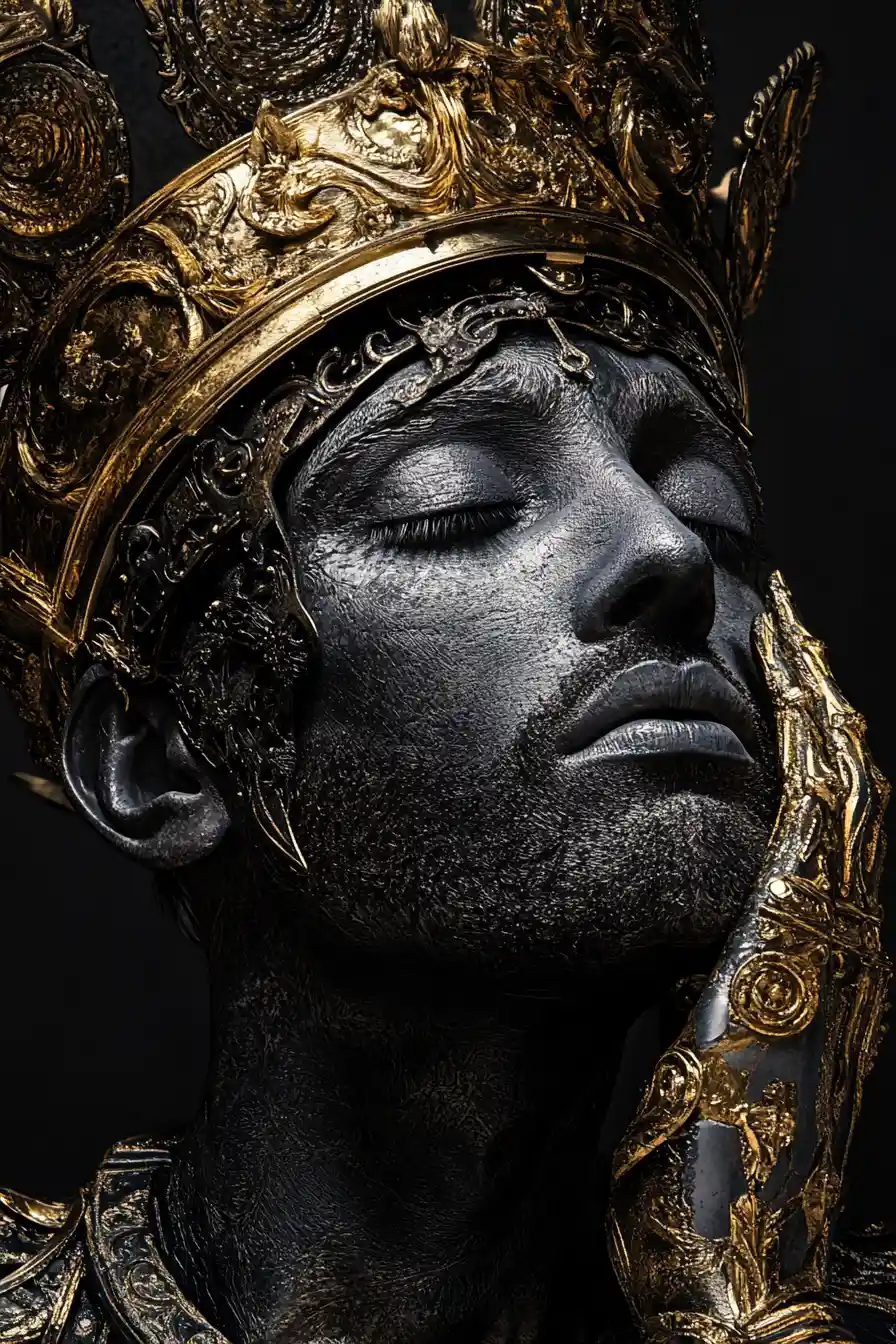 Blindfolded man in ornate golden headdress close up portrait