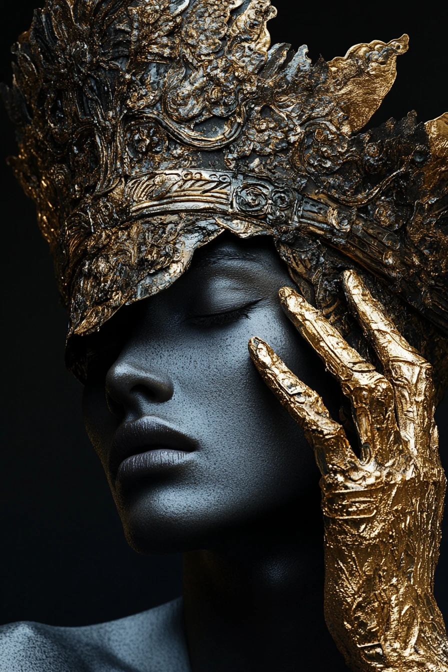 Regal blindfolded man in ornate golden headdress portrait