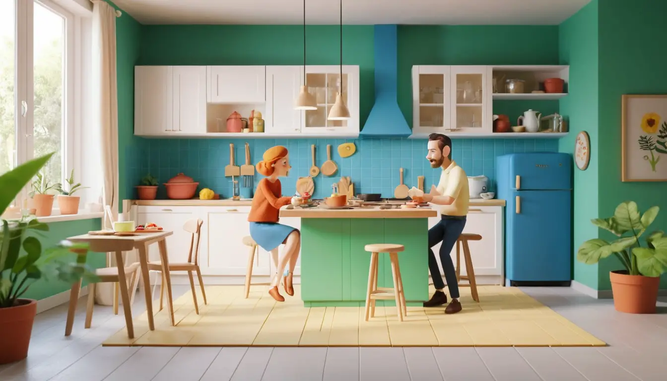 Playful claymation French couple in a minimalist kitchen