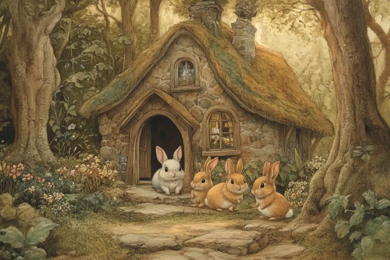 Cute rabbit family in a cozy forest storybook home