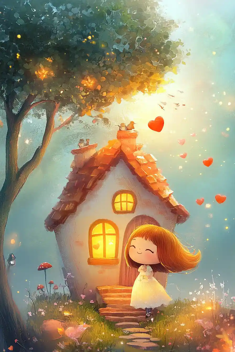 Whimsical anime style children illustration in bright pastel colors