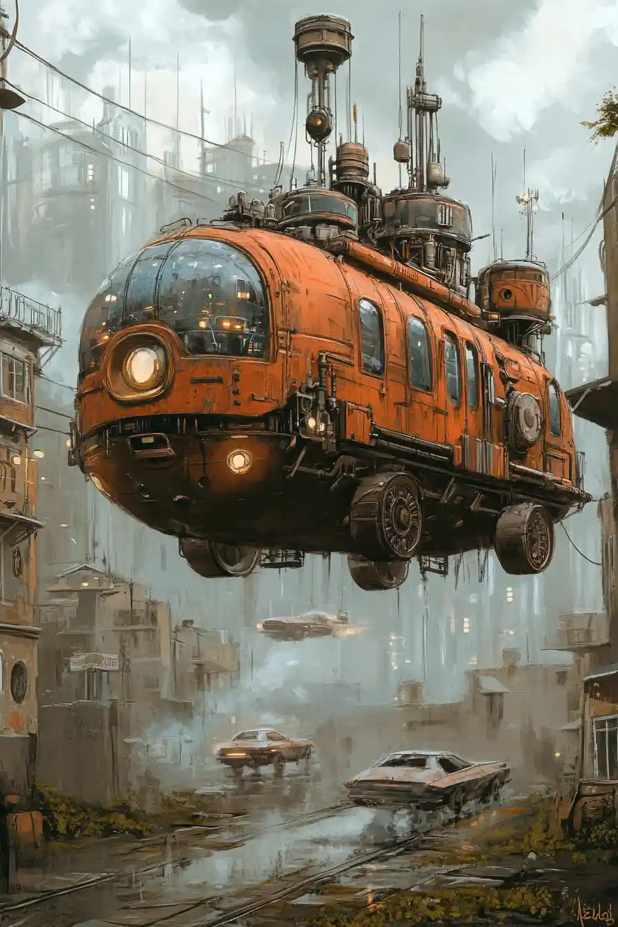 Retrofuturistic flying machines and floating dwellings in the sky
