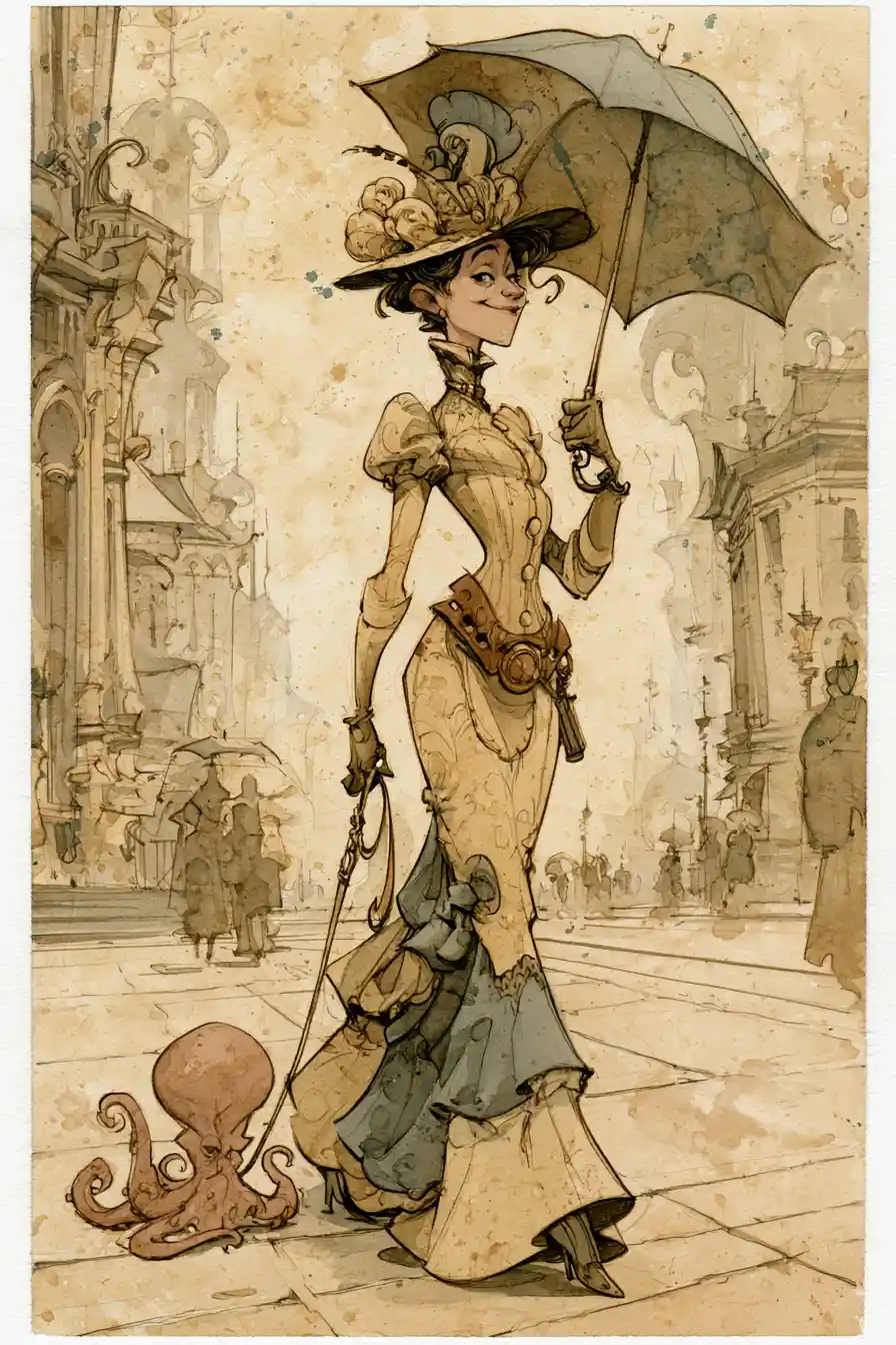 Steampunk Victorian woman walking city streets with pet octopus