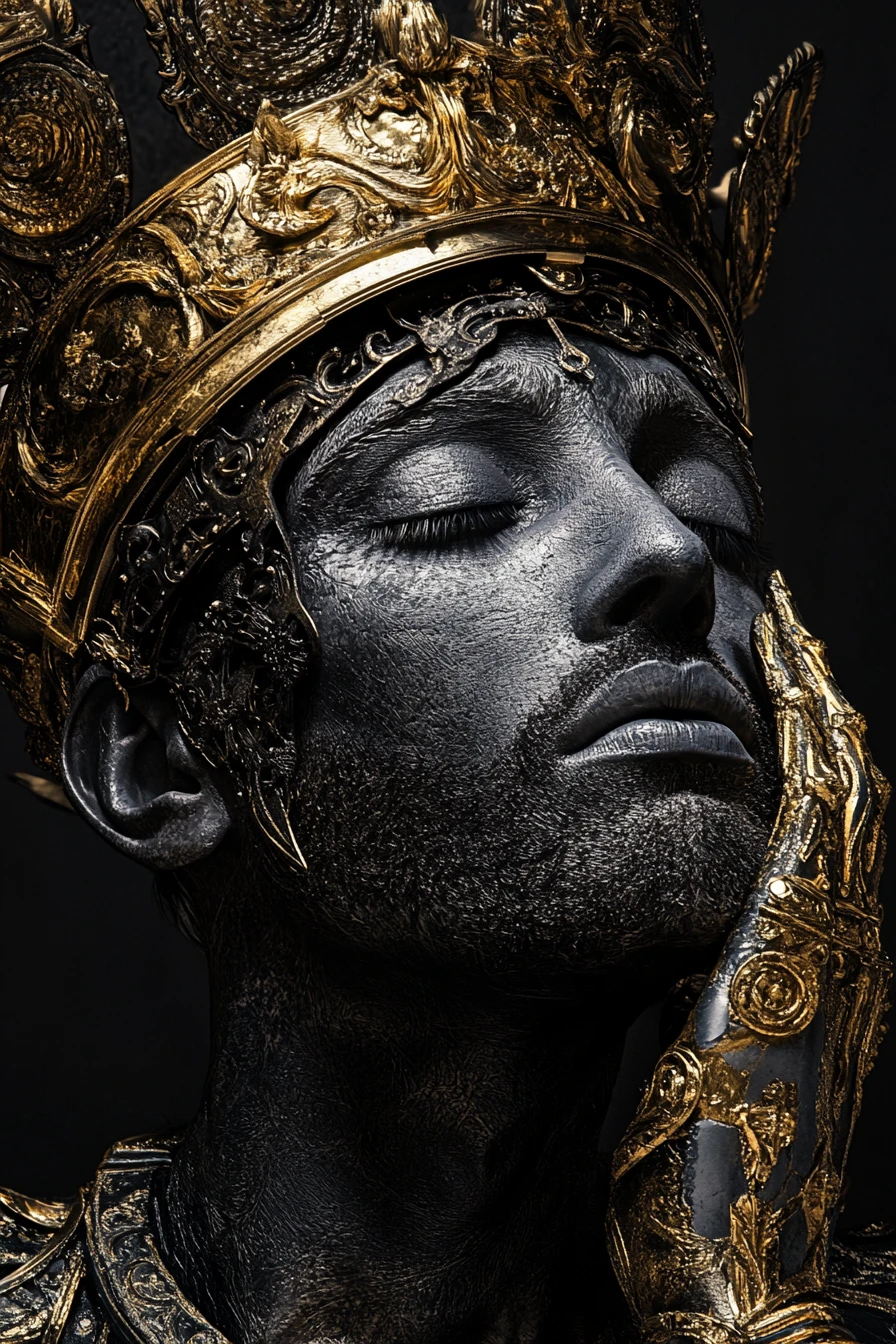 Blindfolded man in ornate golden headdress close up portrait