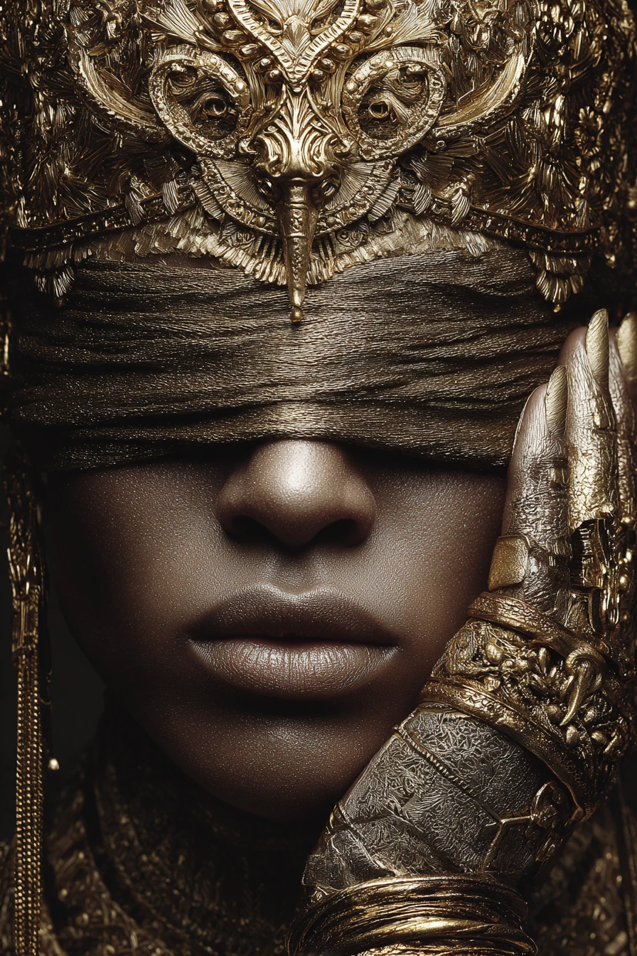 Blindfolded woman in ornate golden headdress portrait