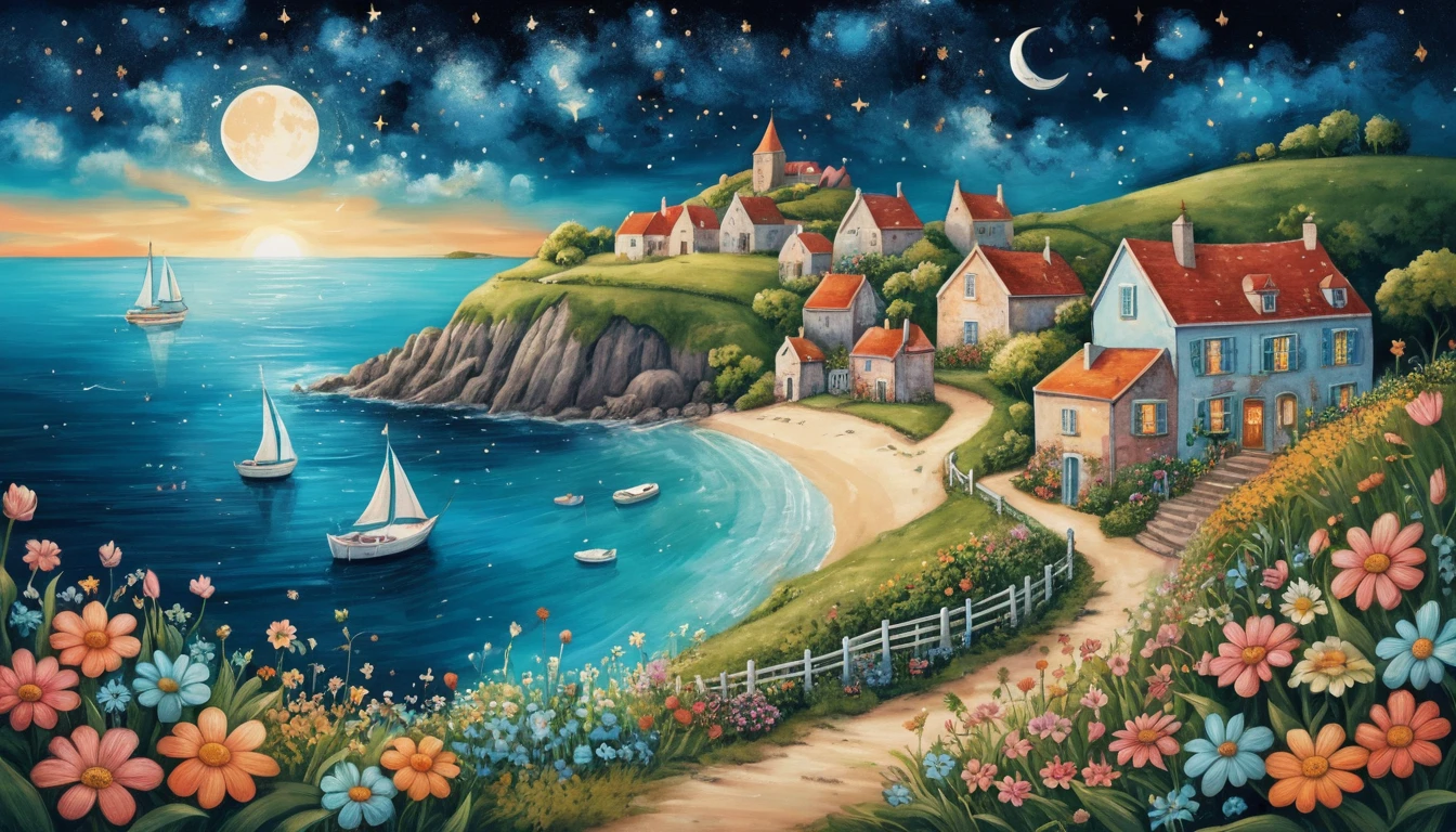 Whimsical Summer Village By The Ocean Under Starry Sky