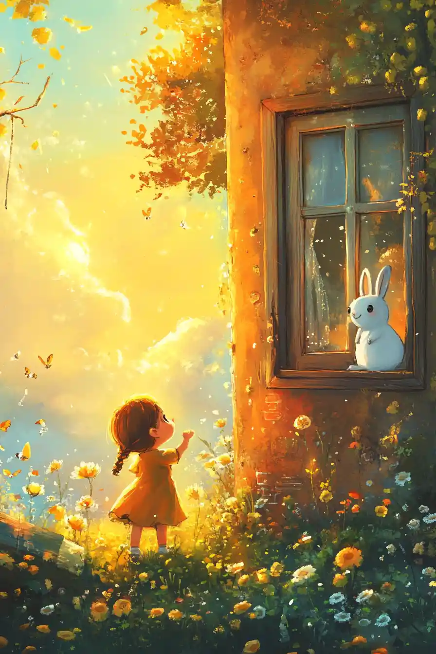 Whimsical anime character in soft pastel storybook style