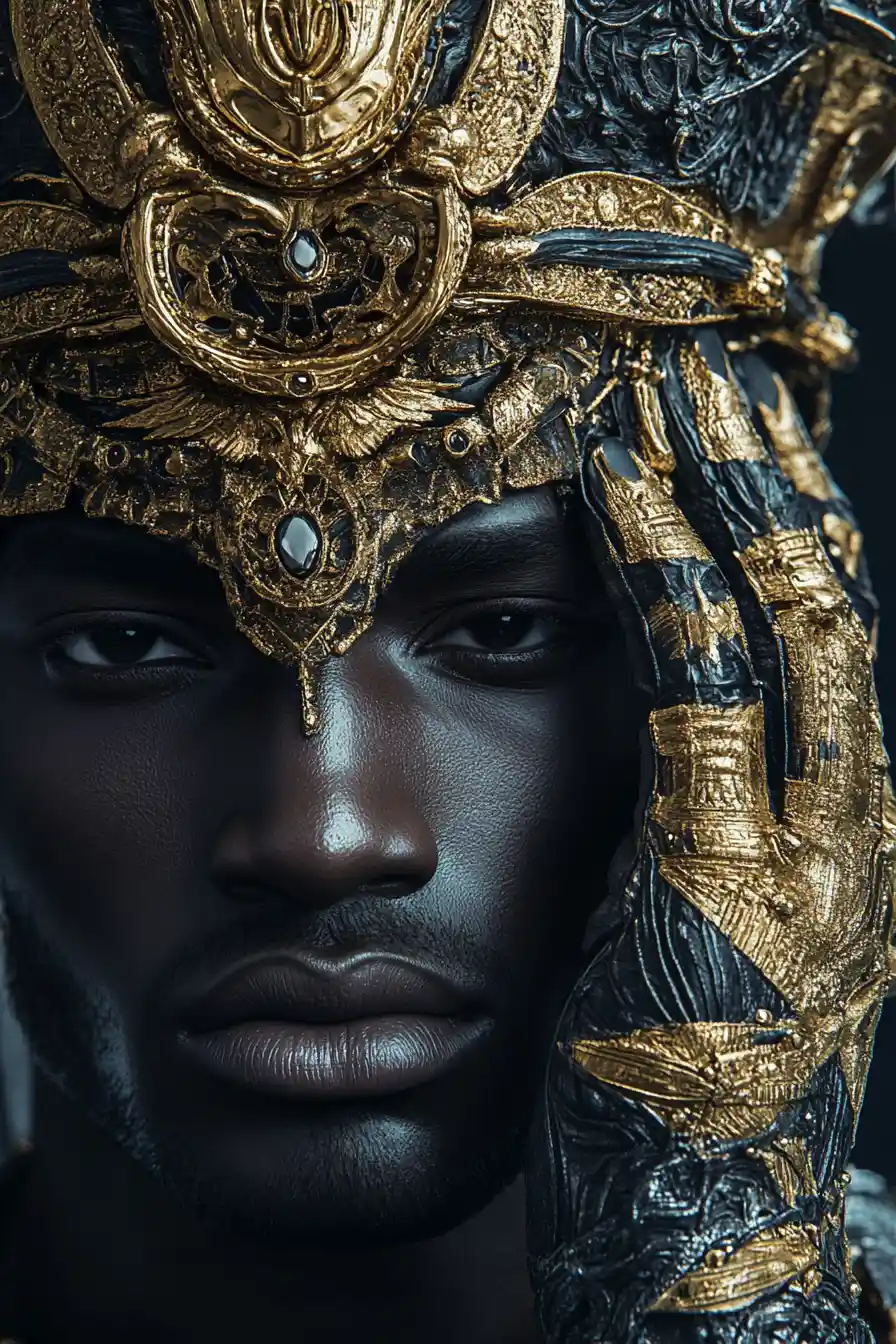 Regal blindfolded man in ornate golden headdress portrait
