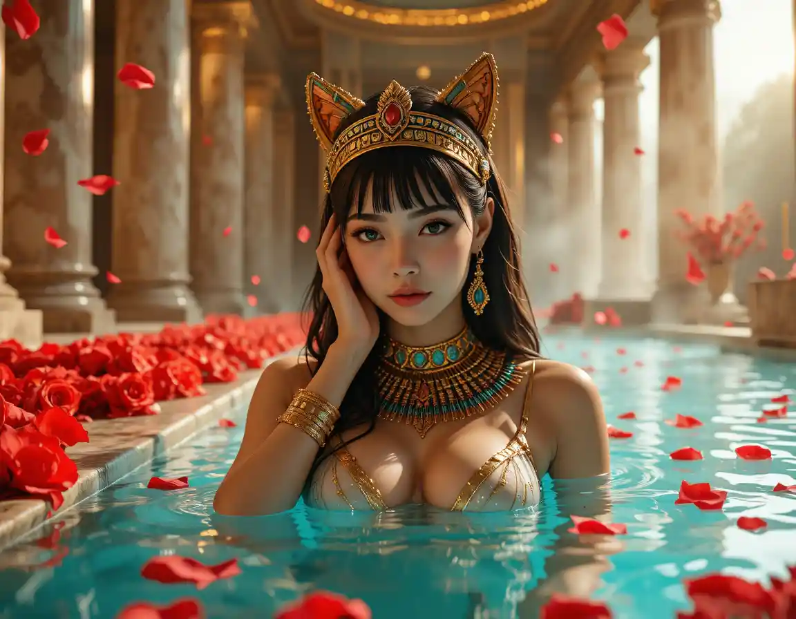 Sensuale regina egizia reclinata tra petali di rosa e vapore