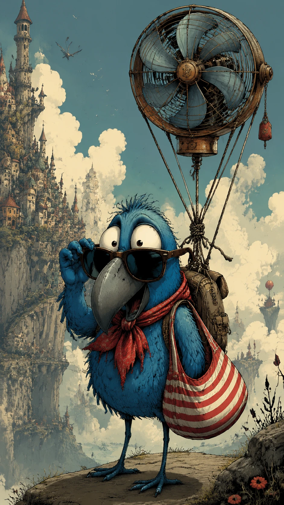 Blue cartoon bird traveler with fan powered backpack