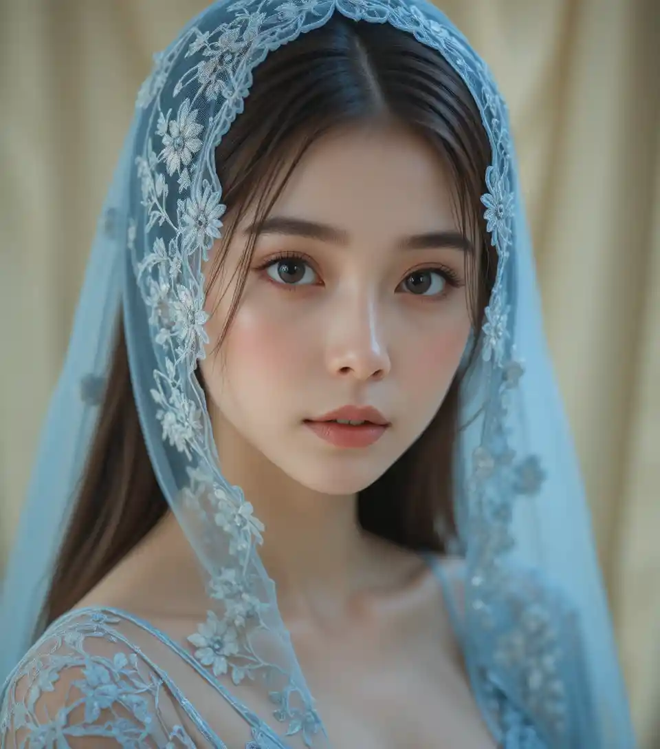Young woman in lace veil with serene cinematic gaze