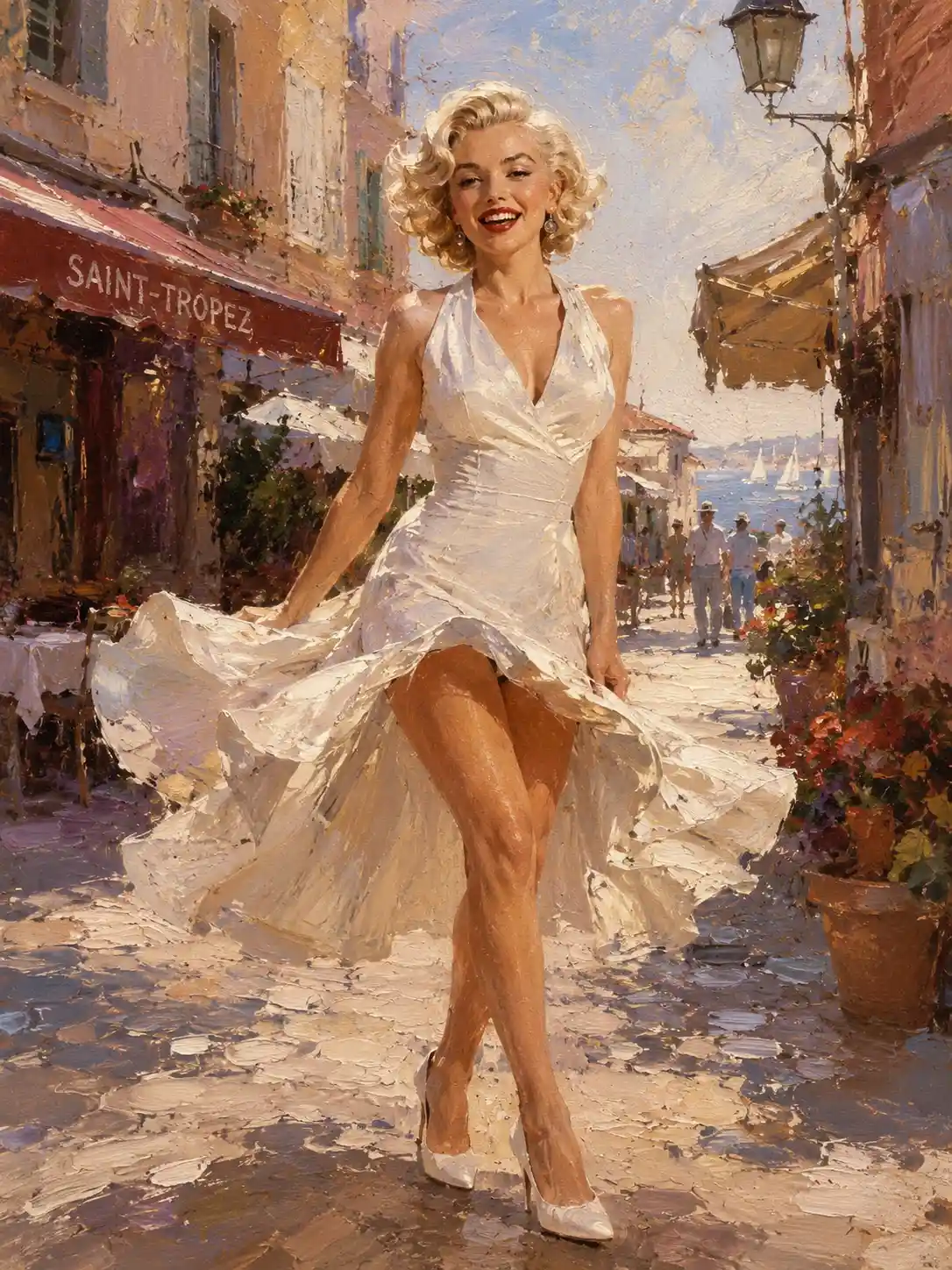 Elegant woman in white dress on sunny mediterranean street