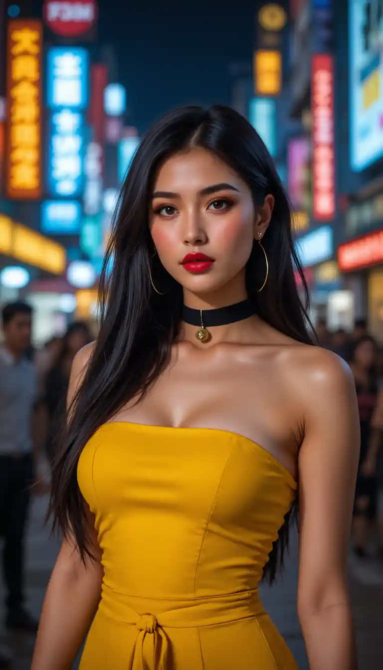 Elegant woman in yellow dress on vibrant city night street
