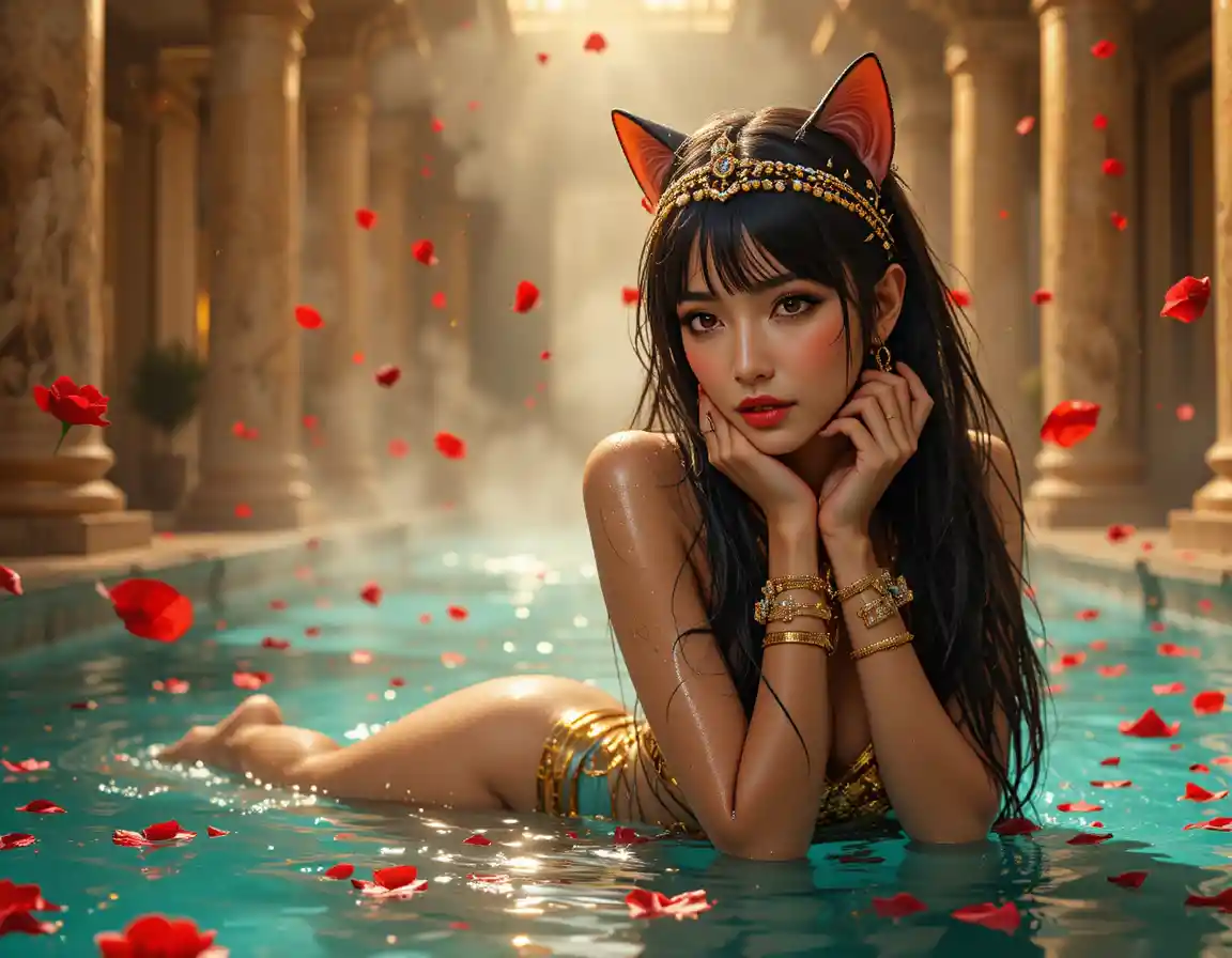 Close up of glamorous egyptian woman in rose petal bath
