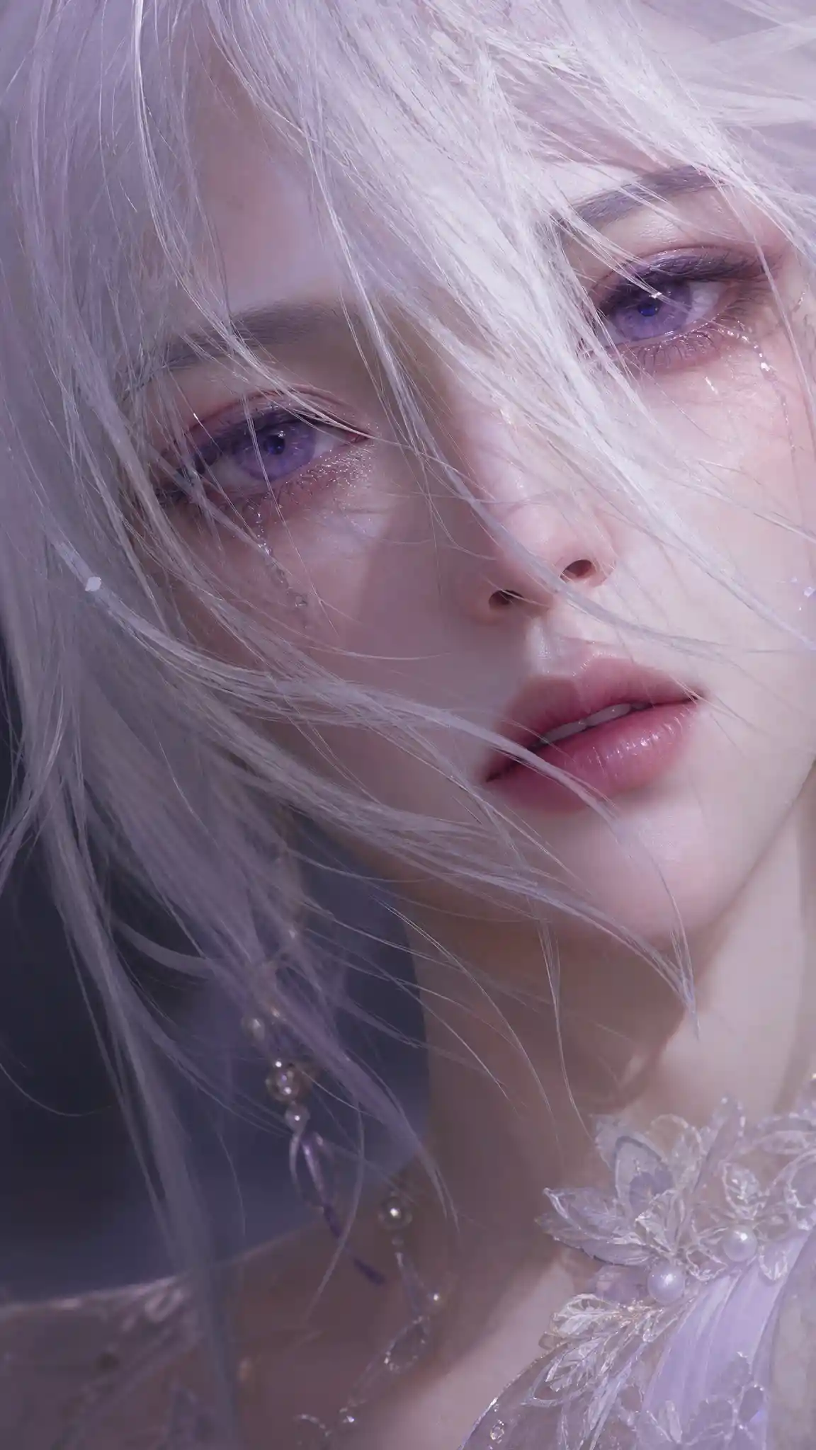 Close up 3D portrait of white haired asian girl