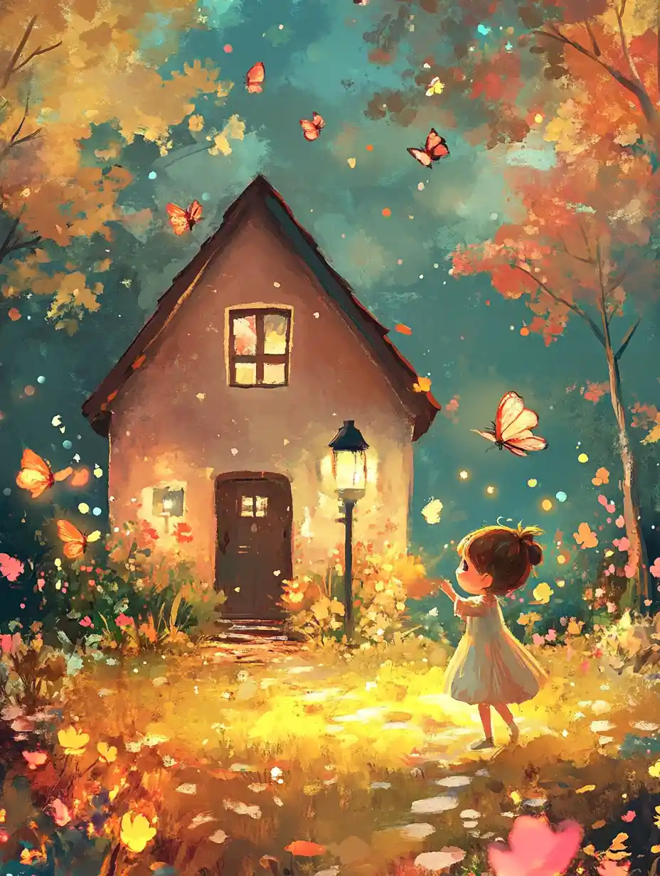 Whimsical childrens illustration in bright pastel anime style