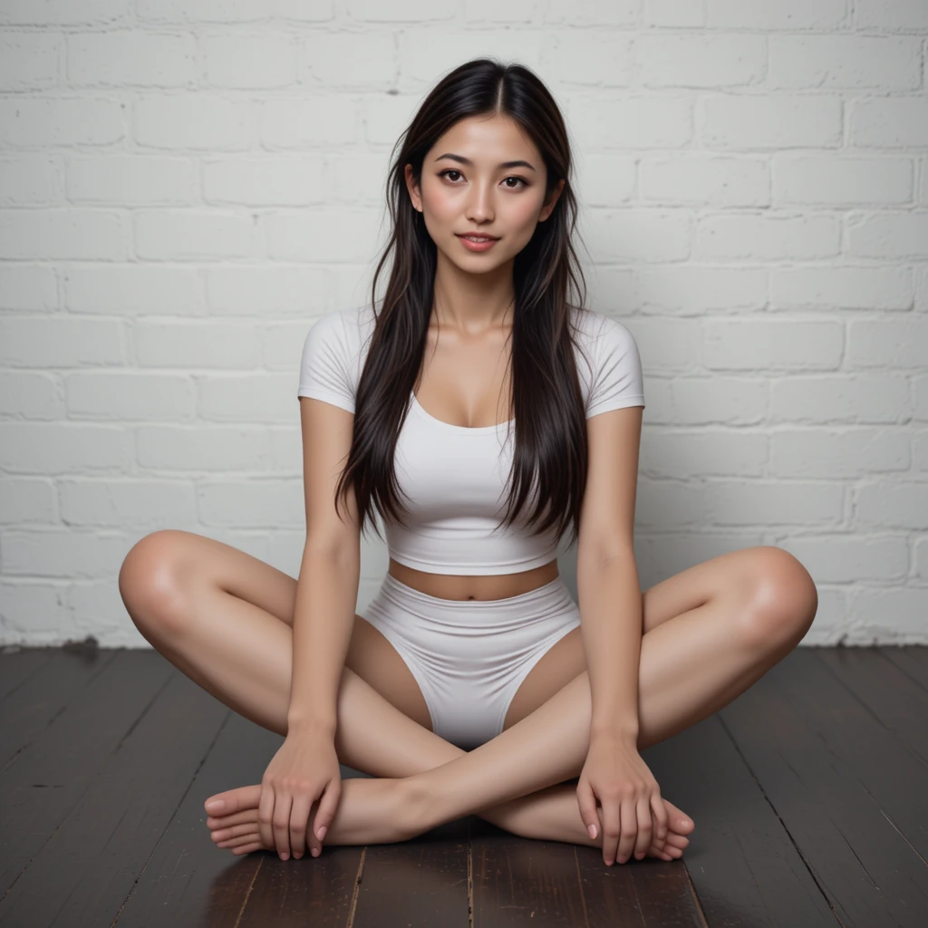 Cute young woman sitting on dark wooden floor