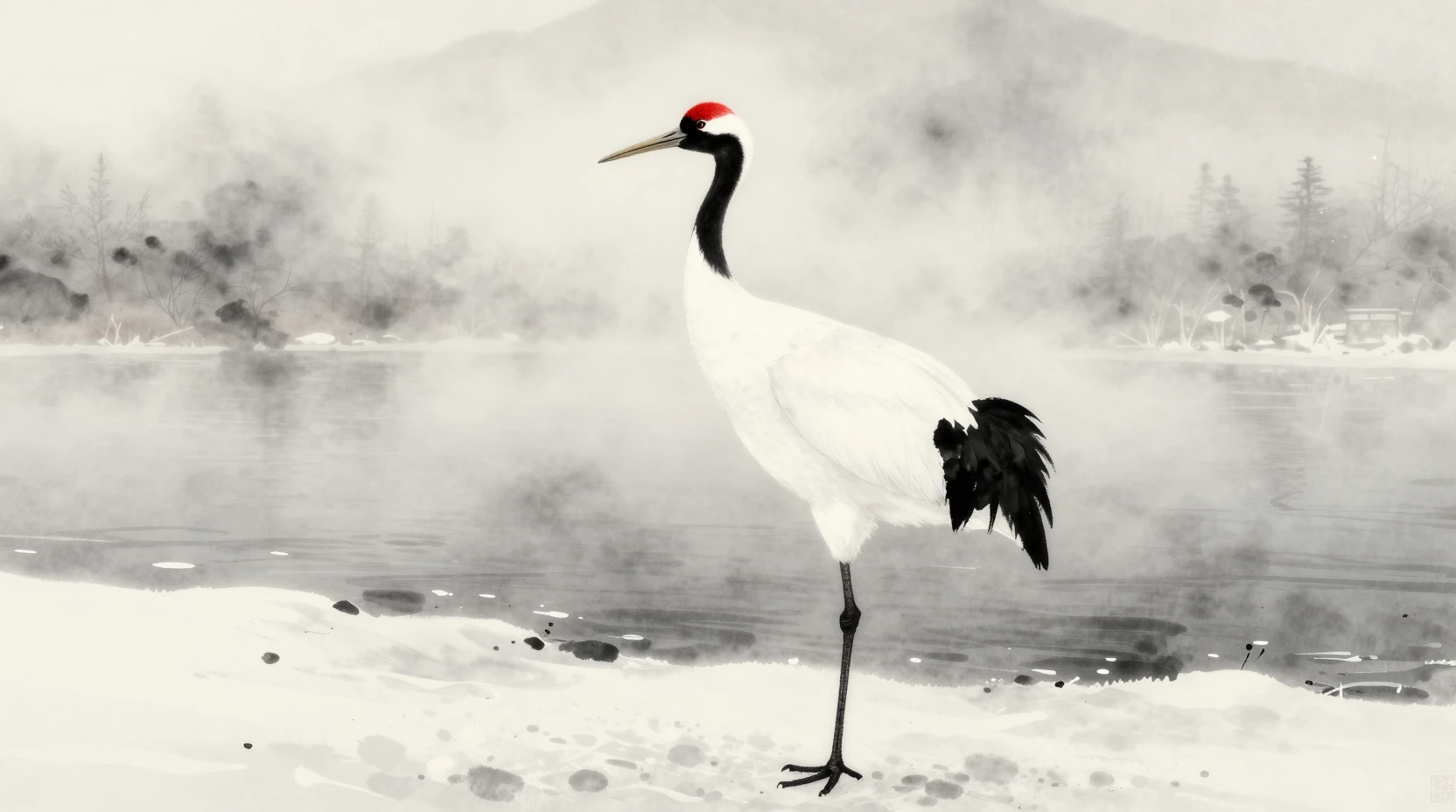 Red crowned crane on a misty winter riverbank