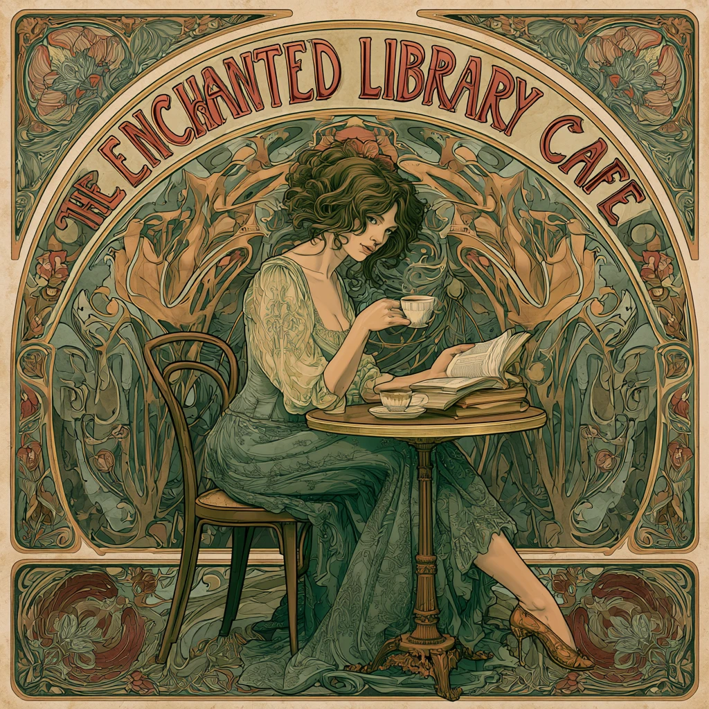 Elegant art nouveau cafe poster with woman reading