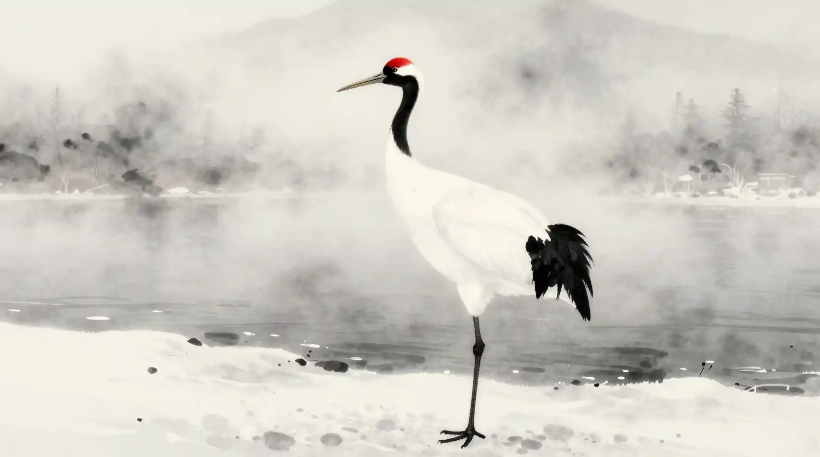 Red crowned crane on a misty winter riverbank