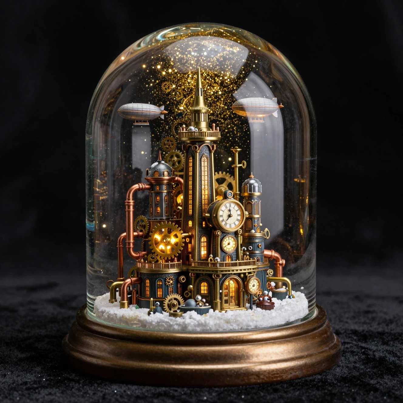 Close up studio shot of a steampunk city snow globe