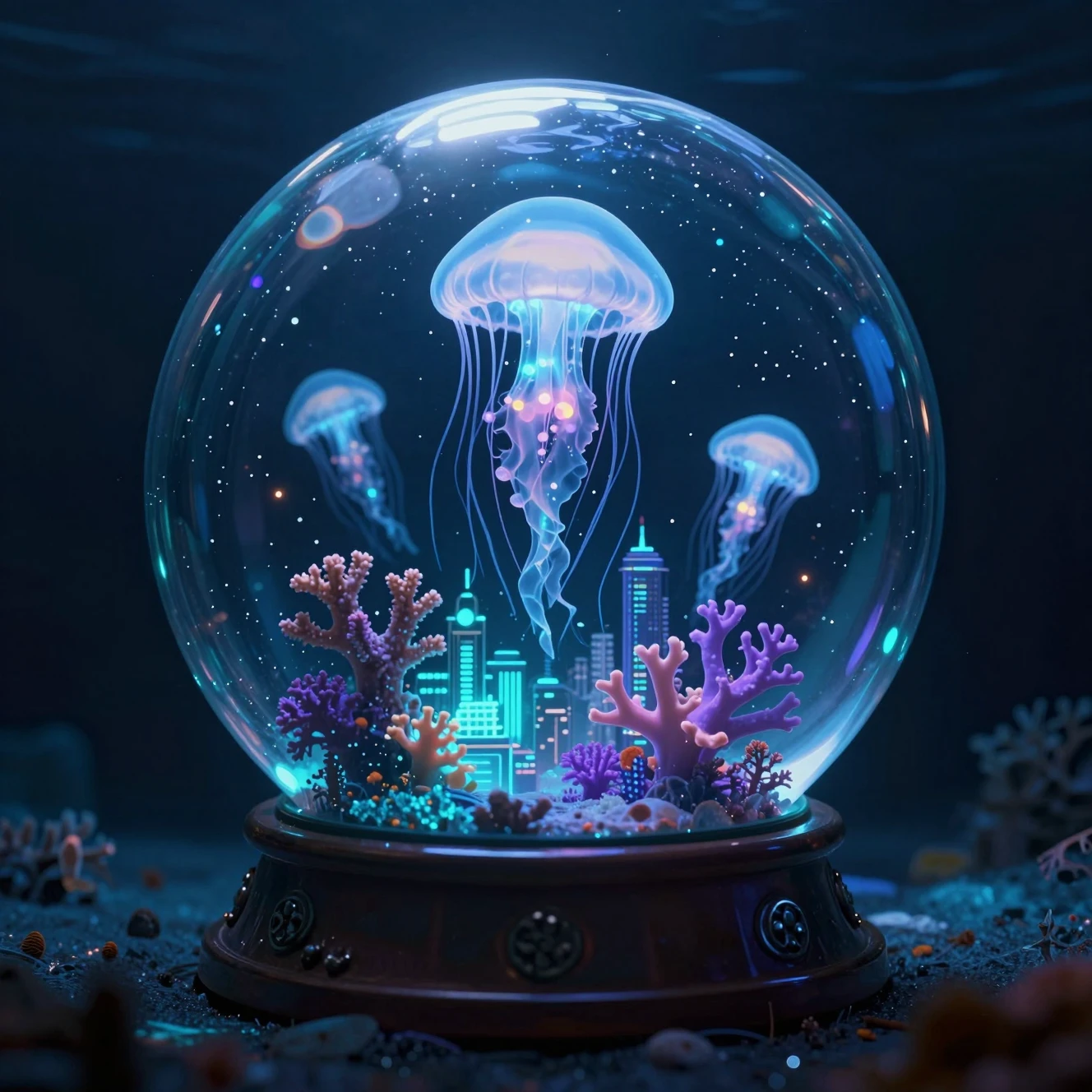 Surreal underwater city inside a giant ancient snow globe