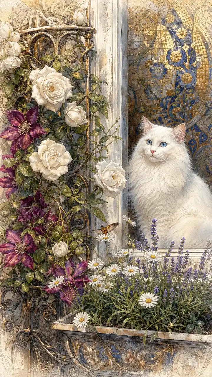 Close up balcony window with white cat and climbing flowers