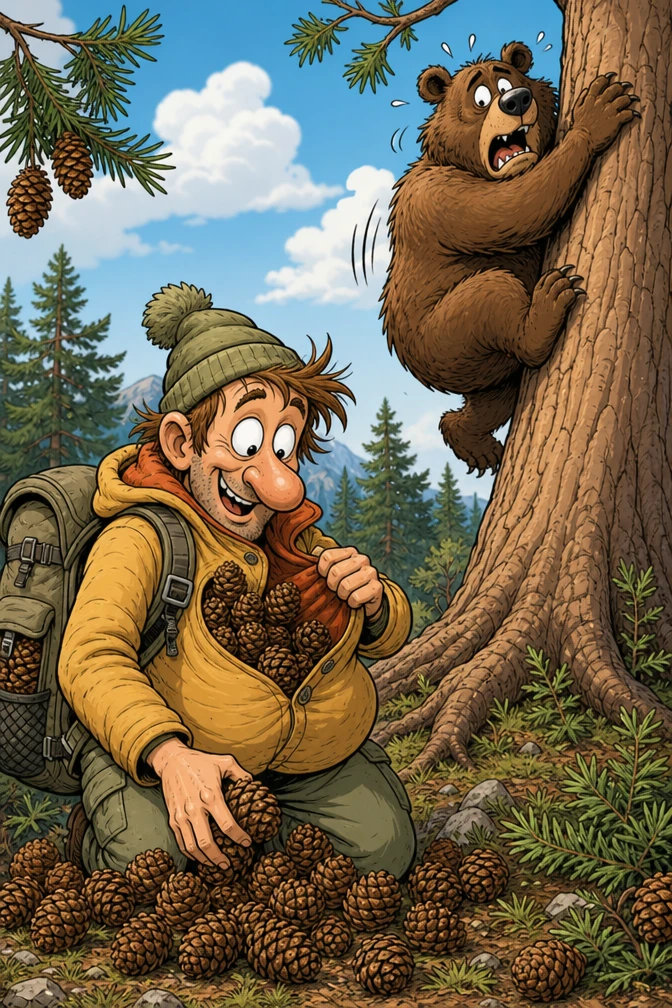 Ilustración cómica y divertida de un oso trepando hacia arriba