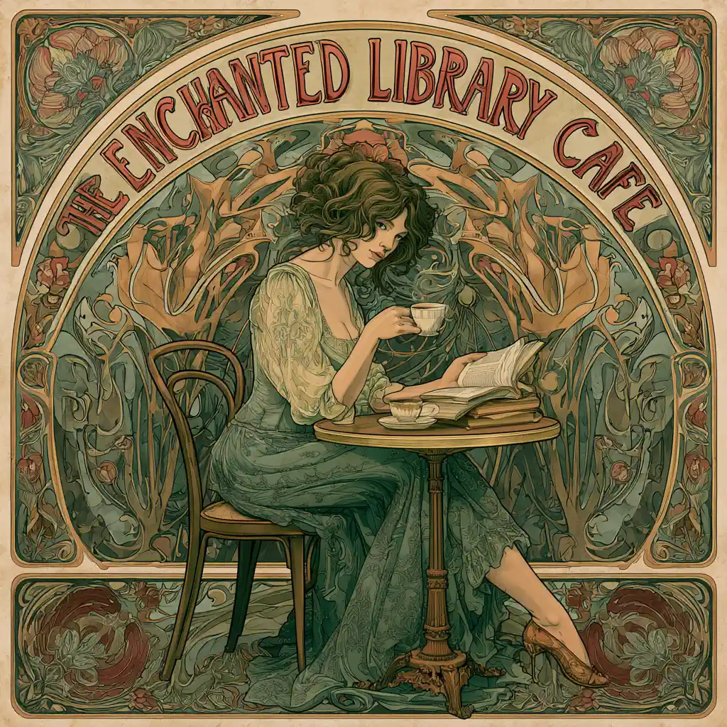 Elegant art nouveau cafe poster with woman reading