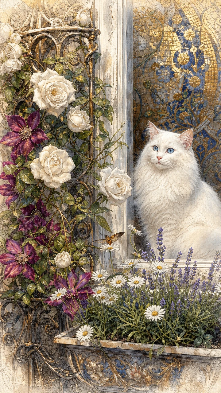 Close up balcony window with white cat and climbing flowers