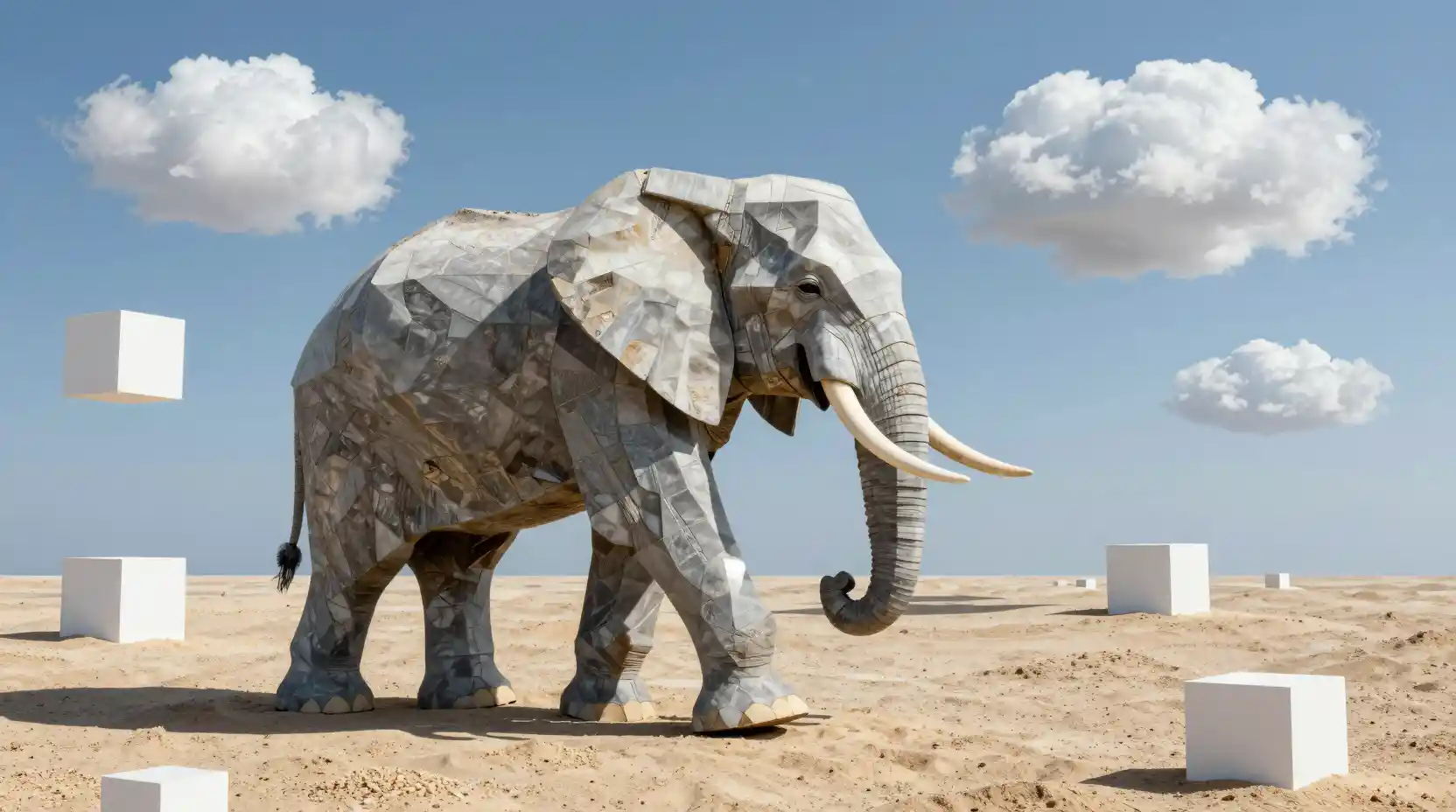 Surreal cubist elephant walking across a square sand beach