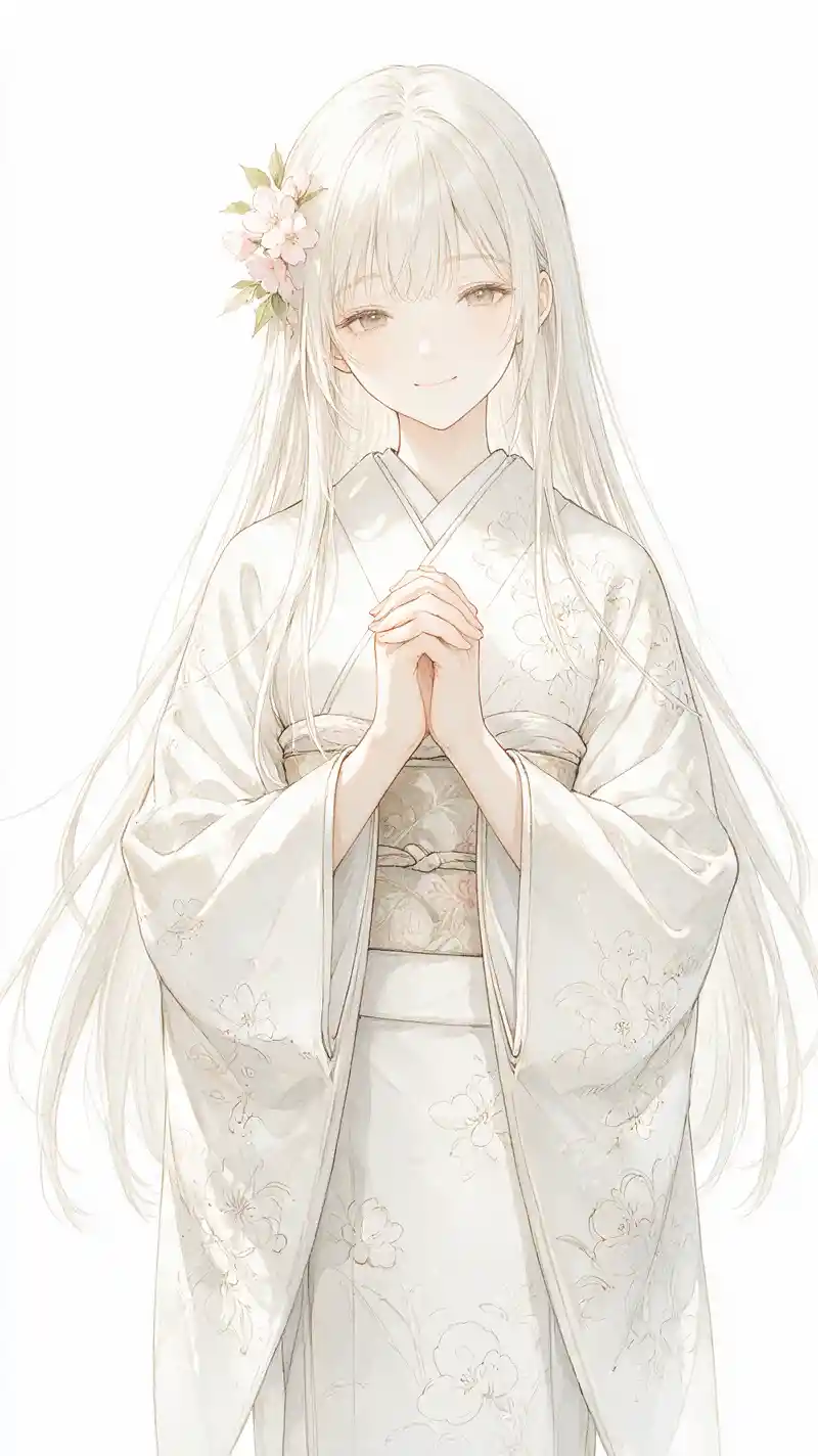 Graceful silver haired girl in white kimono front view