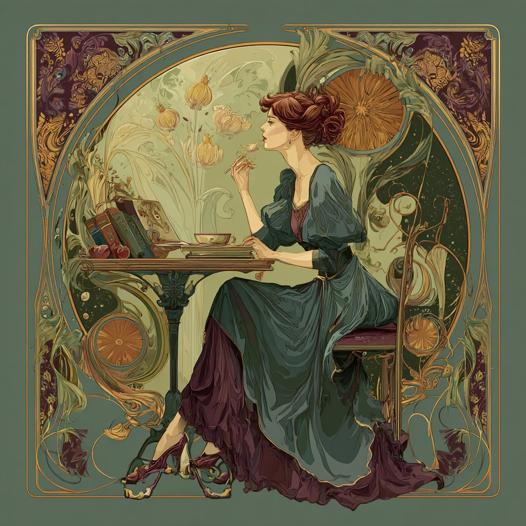 Art Nouveau poster of a woman reading in a cafe