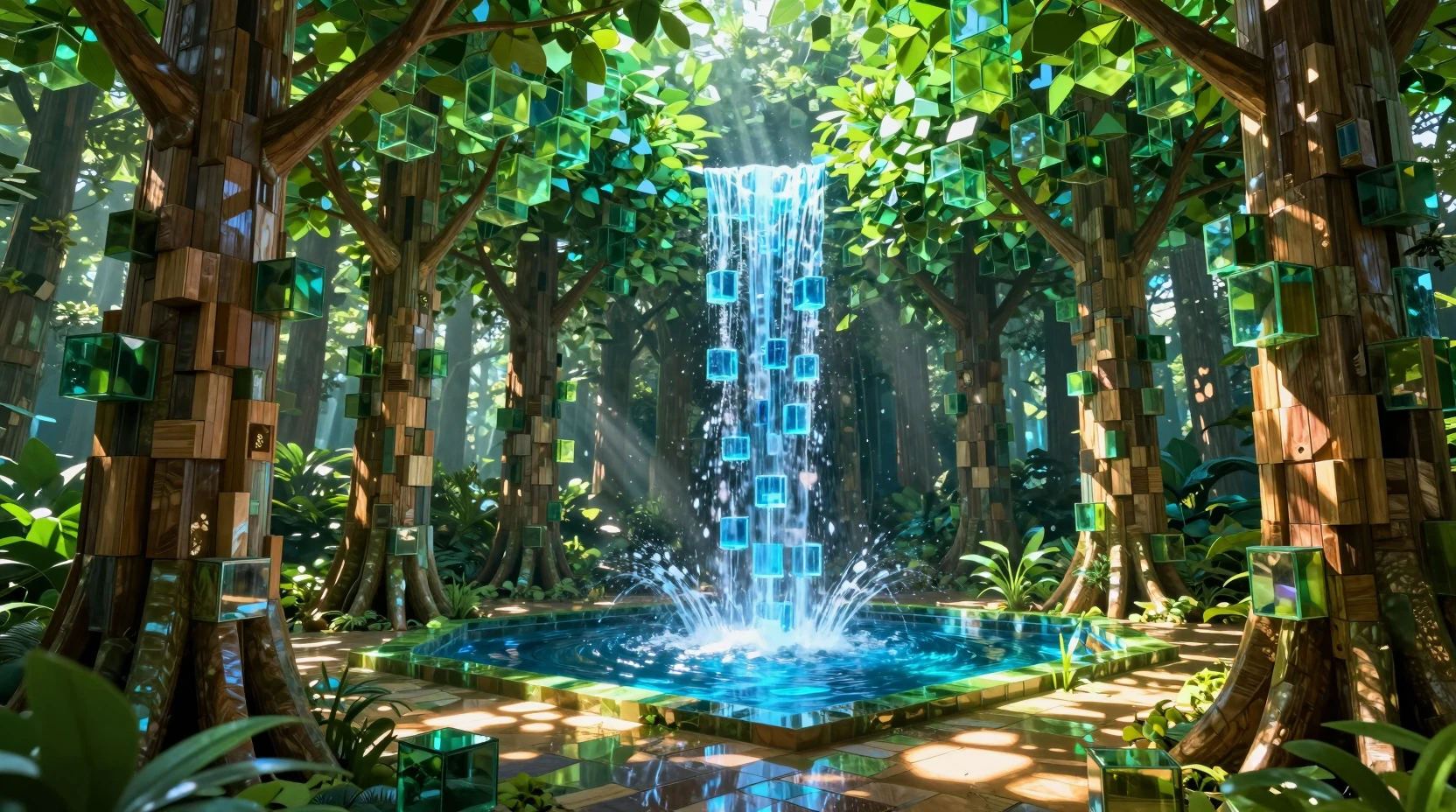 Geometric fantasy rainforest with cubic trees and waterfall