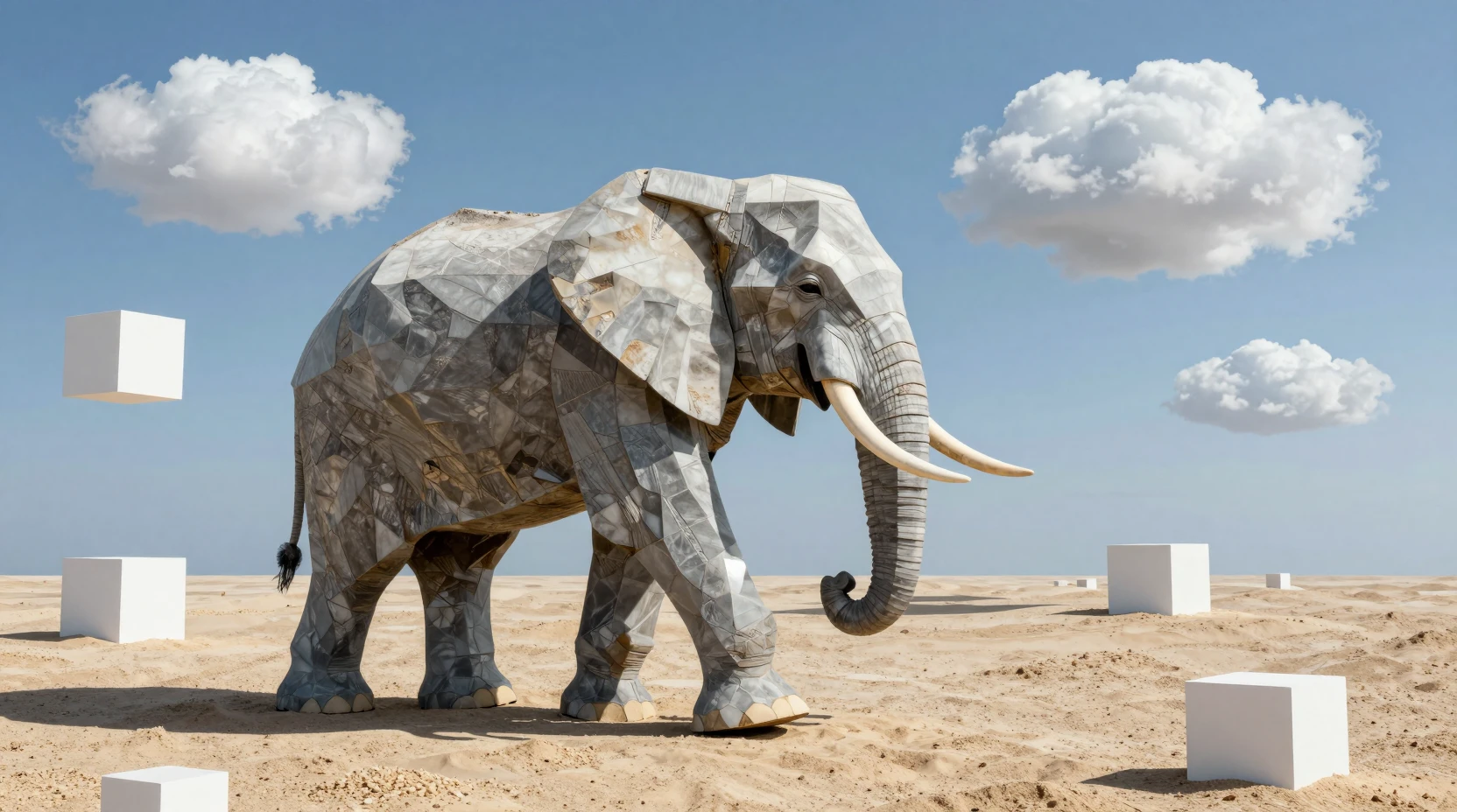 Surreal cubist elephant walking across a square sand beach