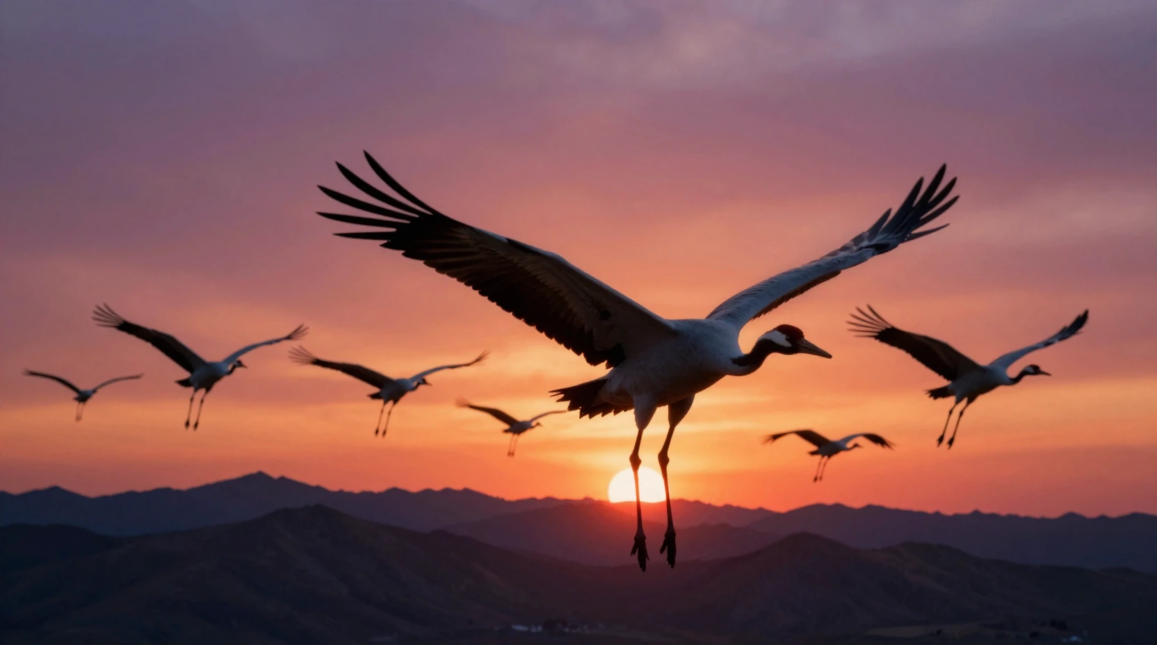 Migrating cranes soaring above mountains at sunset