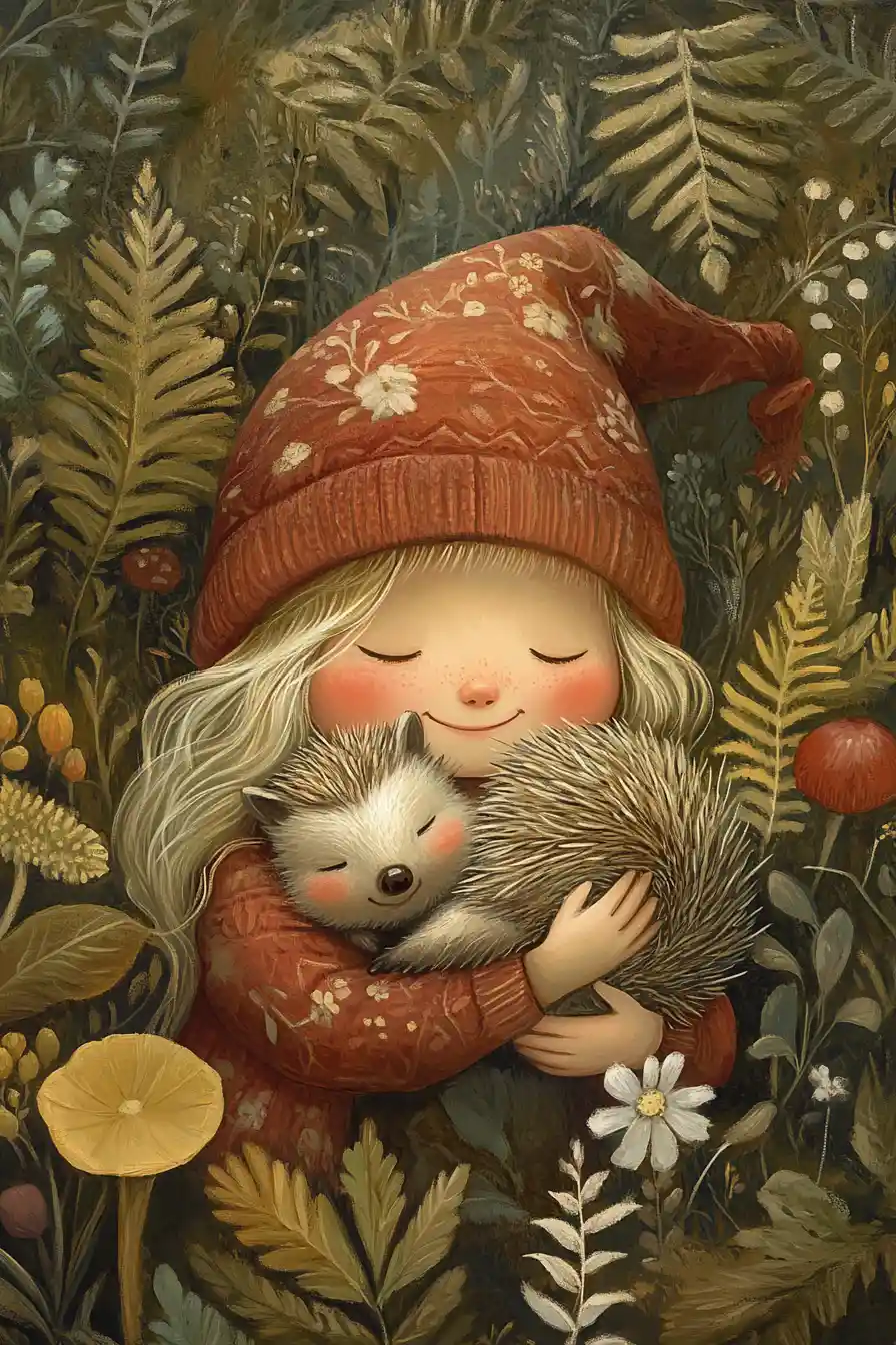 Smiling forest gnome girl hugging a fluffy hedgehog