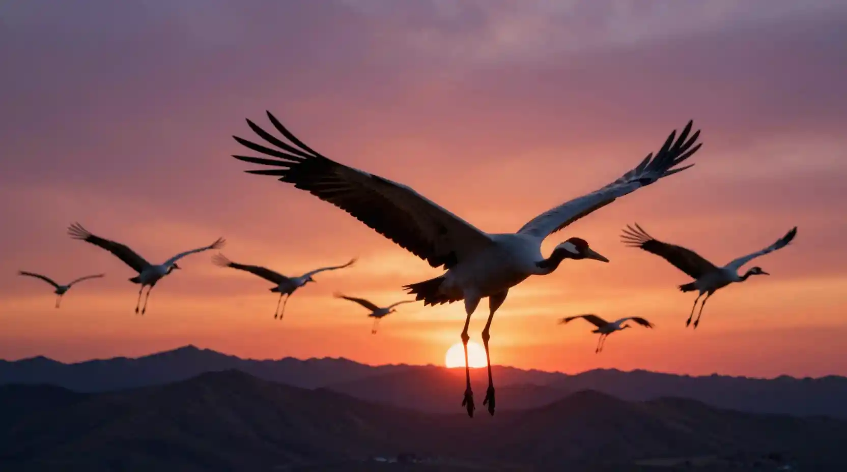 Grullas migratorias sobrevolando montañas al atardecer